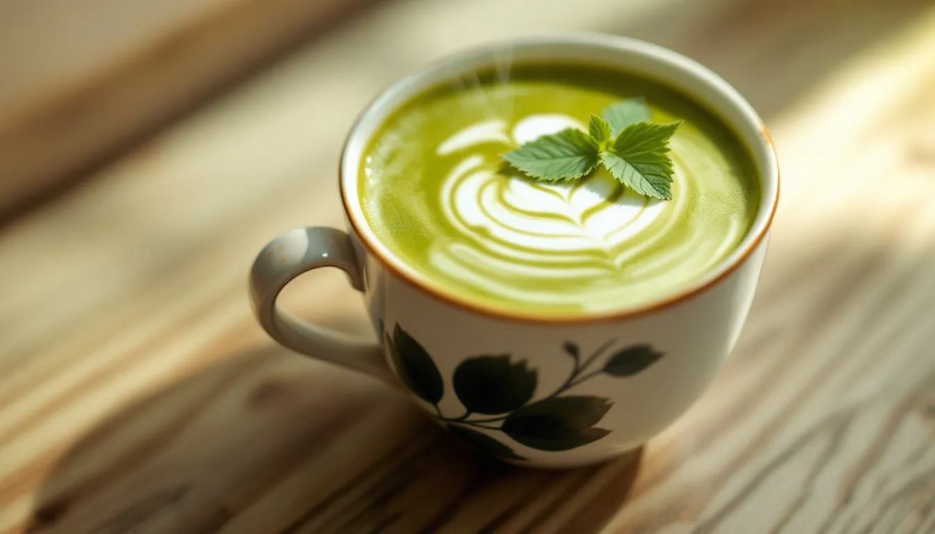 Een kopje matcha koffie staat centraal in de afbeelding, met een romige schuimlaag en een rijke groene kleur die de antioxidanten van de matcha benadrukt. Op de achtergrond zijn een kommetje met matcha poeder en een theelepel te zien, wat de ingrediënten voor deze lekkere matcha latte suggereert.