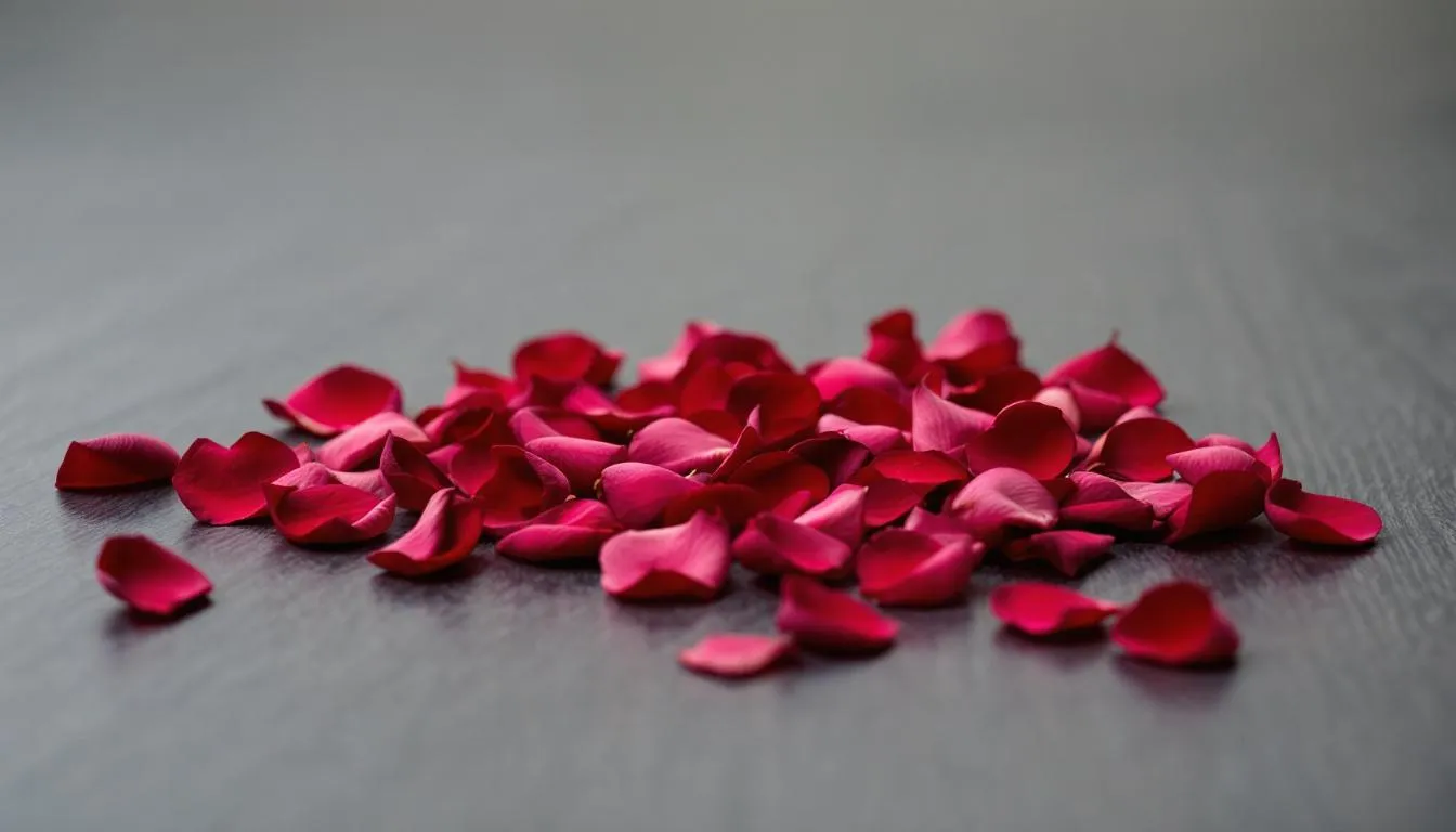 Op de tafel liggen zachte, gedroogde rozenblaadjes in verschillende tinten roze, die een romantische sfeer creëren. Deze decoratie voegt niet alleen kleur toe, maar kan ook gebruikt worden in recepten voor thee of als toevoeging aan desserts en salades.